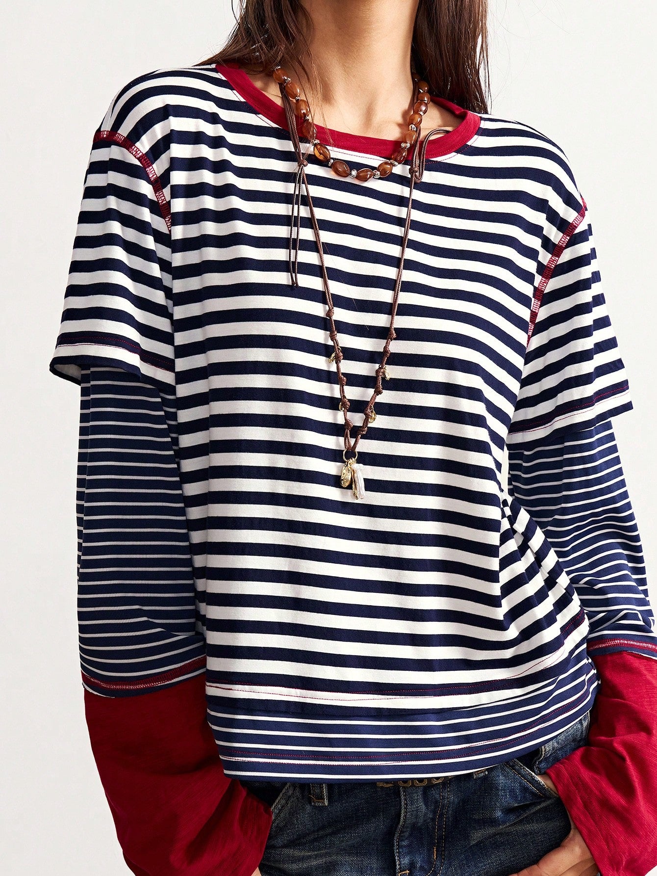 Bohemela Plus Size Striped Patchwork 2 In 1 T-Shirt Fall