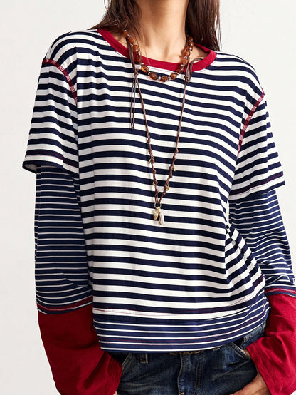 Bohemela Plus Size Striped Patchwork 2 In 1 T-Shirt Fall