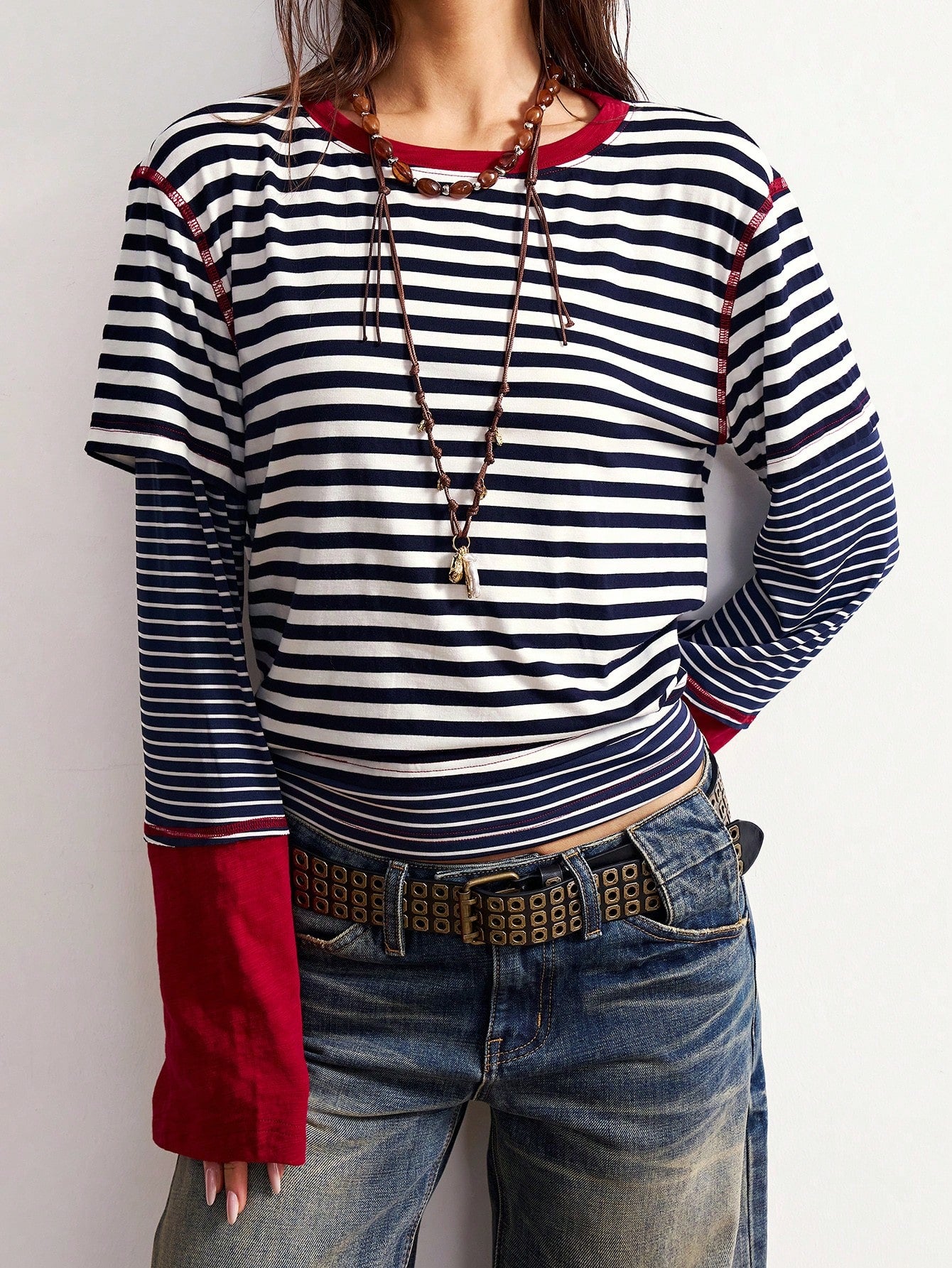 Bohemela Plus Size Striped Patchwork 2 In 1 T-Shirt Fall