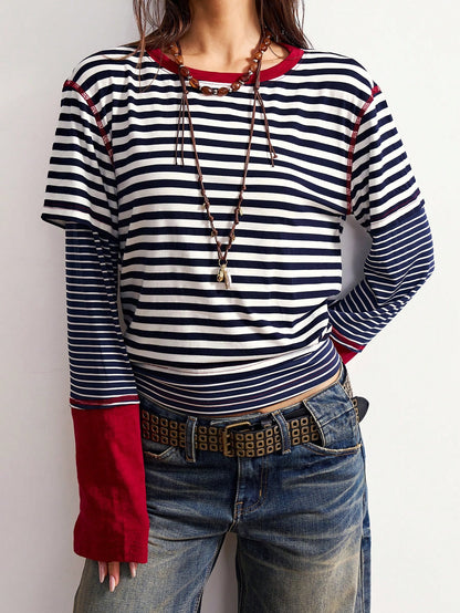 Bohemela Plus Size Striped Patchwork 2 In 1 T-Shirt Fall