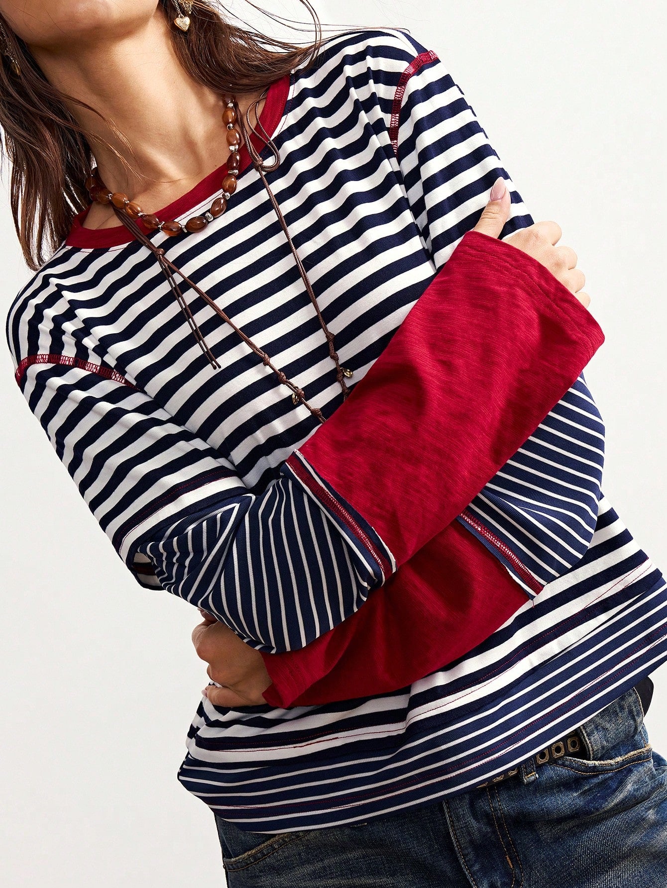 Bohemela Plus Size Striped Patchwork 2 In 1 T-Shirt Fall
