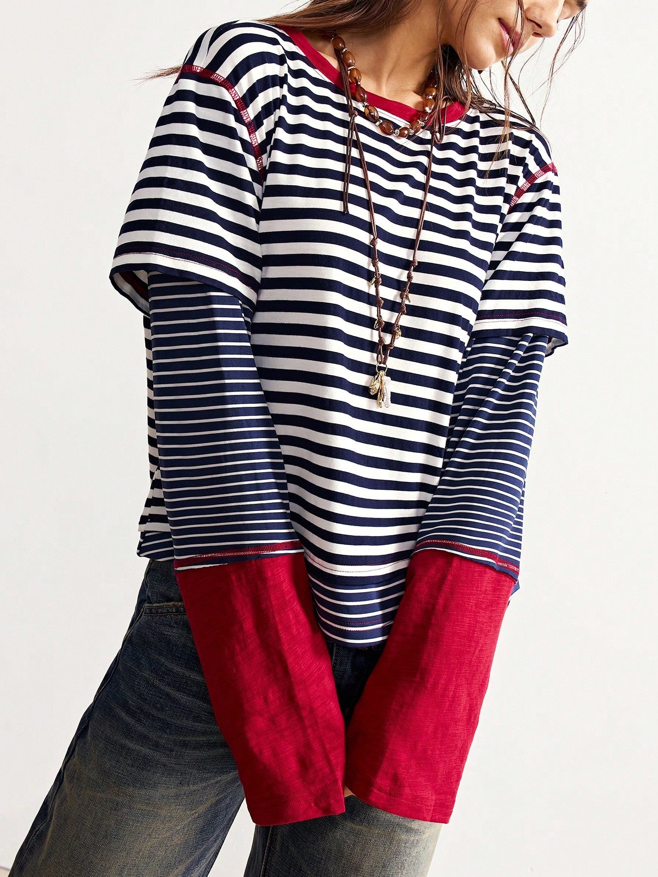 Bohemela Plus Size Striped Patchwork 2 In 1 T-Shirt Fall