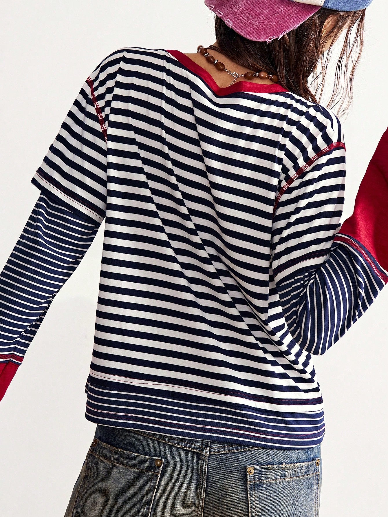 Bohemela Plus Size Striped Patchwork 2 In 1 T-Shirt Fall