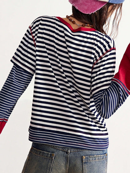 Bohemela Plus Size Striped Patchwork 2 In 1 T-Shirt Fall