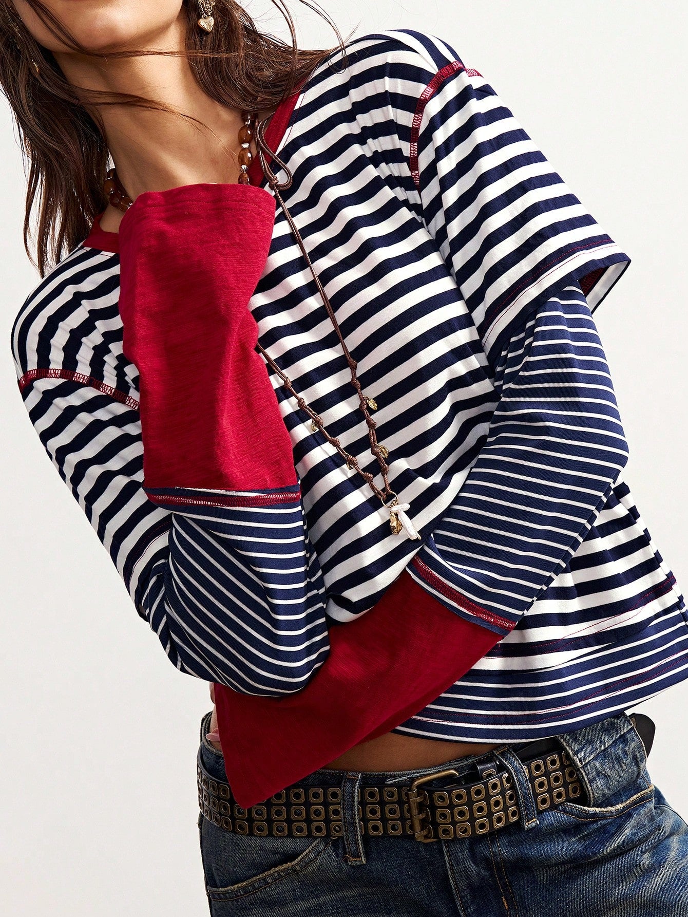 Bohemela Plus Size Striped Patchwork 2 In 1 T-Shirt Fall