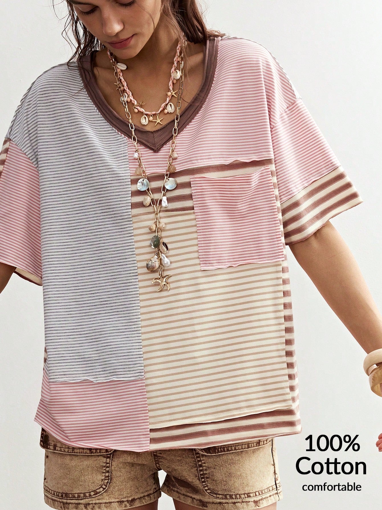 Bohemela Plus Size Striped Pattern Patchwork Loose Short Sleeve T-Shirt Vacation Beige Summer Boho Vacation Vacation Vacation Vacation