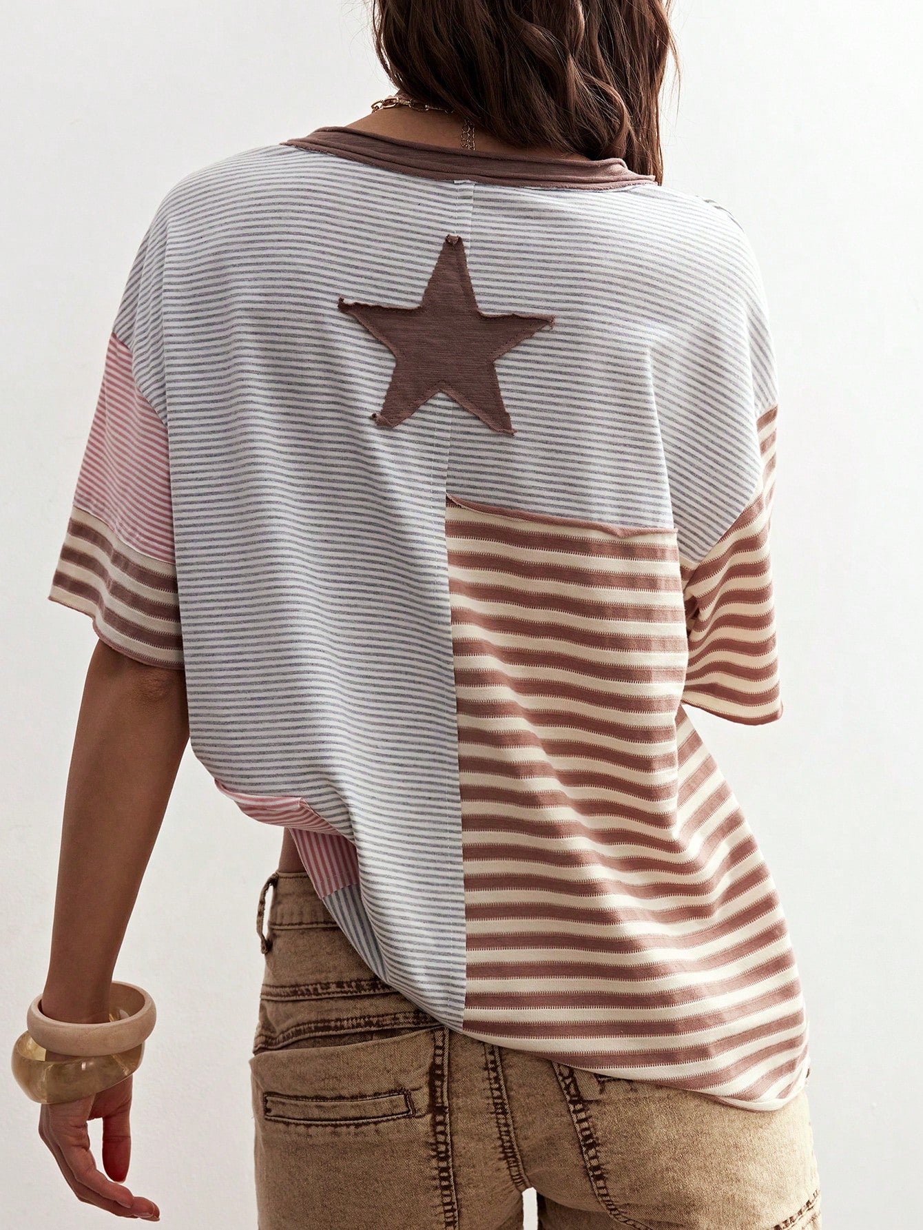 Bohemela Plus Size Striped Pattern Patchwork Loose Short Sleeve T-Shirt Vacation Beige Summer Boho Vacation Vacation Vacation Vacation