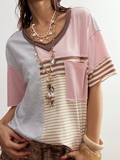 Bohemela Plus Size Striped Pattern Patchwork Loose Short Sleeve T-Shirt Vacation Beige Summer Boho Vacation Vacation Vacation Vacation