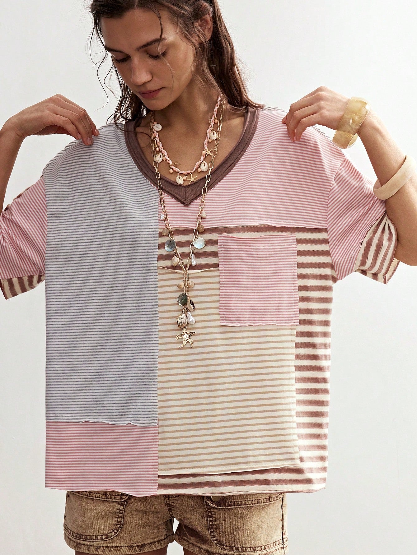 Bohemela Plus Size Striped Pattern Patchwork Loose Short Sleeve T-Shirt Vacation Beige Summer Boho Vacation Vacation Vacation Vacation
