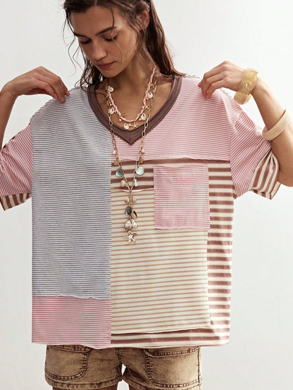Bohemela Plus Size Striped Pattern Patchwork Loose Short Sleeve T-Shirt Vacation Beige Summer Boho Vacation Vacation Vacation Vacation