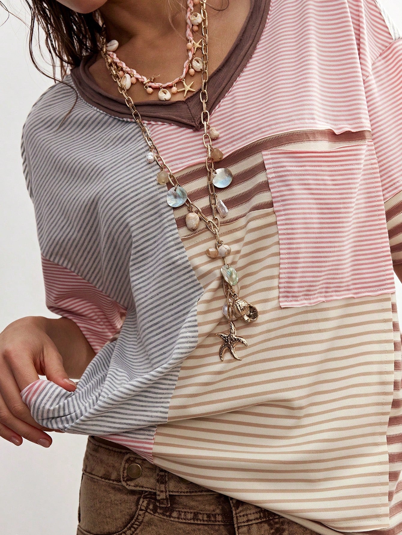 Bohemela Plus Size Striped Pattern Patchwork Loose Short Sleeve T-Shirt Vacation Beige Summer Boho Vacation Vacation Vacation Vacation