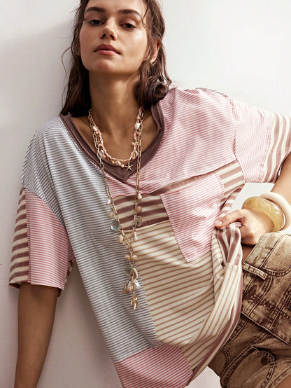 Bohemela Plus Size Striped Pattern Patchwork Loose Short Sleeve T-Shirt Vacation Beige Summer Boho Vacation Vacation Vacation Vacation