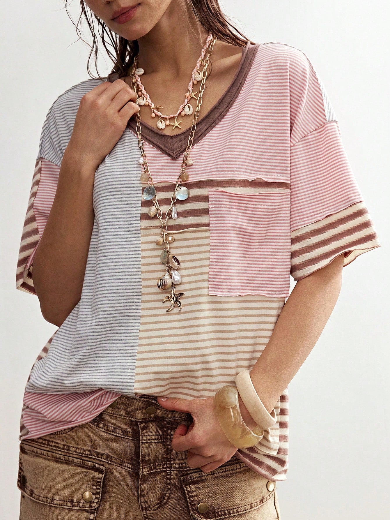 Bohemela Plus Size Striped Pattern Patchwork Loose Short Sleeve T-Shirt Vacation Beige Summer Boho Vacation Vacation Vacation Vacation