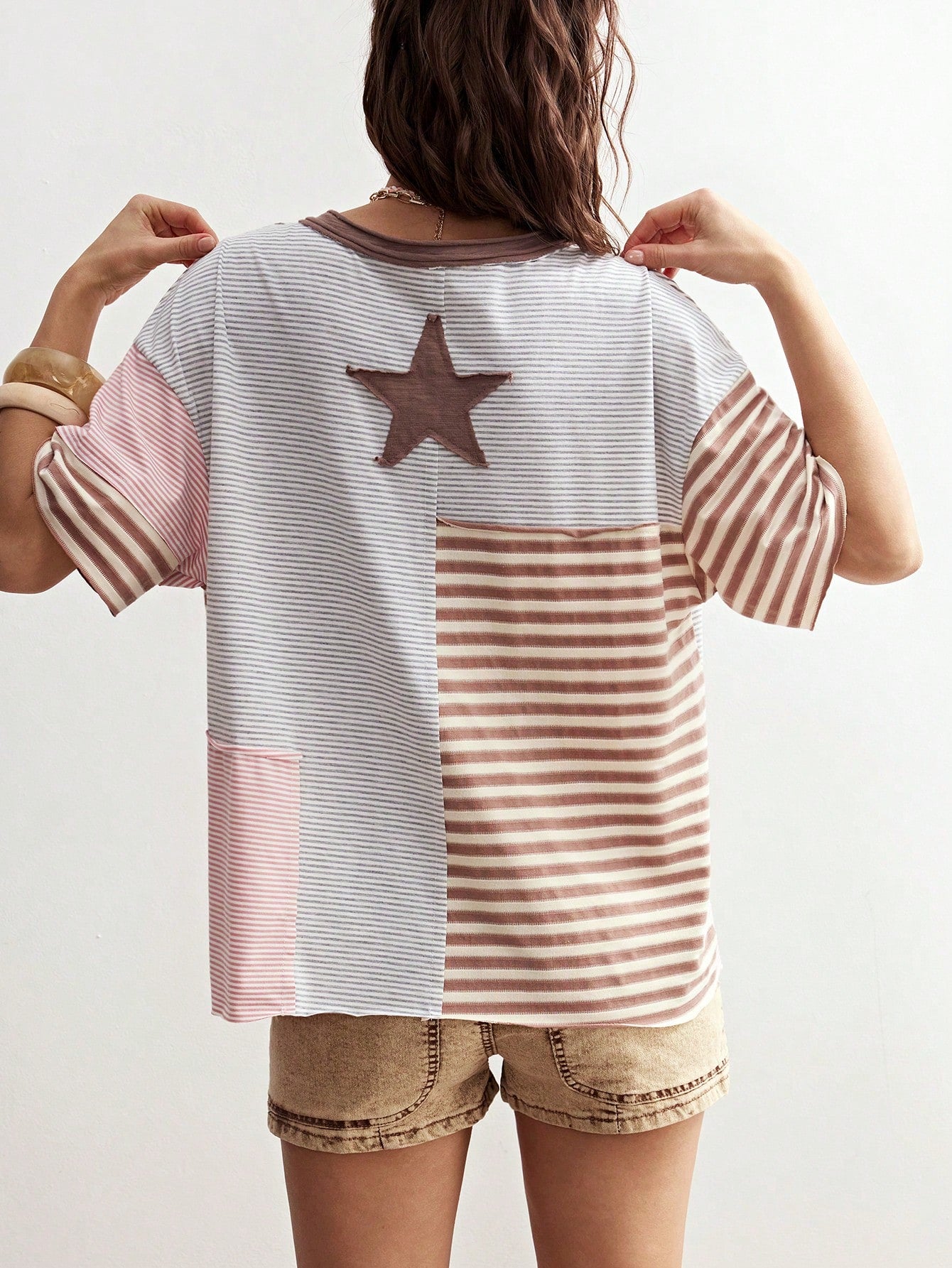 Bohemela Plus Size Striped Pattern Patchwork Loose Short Sleeve T-Shirt Vacation Beige Summer Boho Vacation Vacation Vacation Vacation