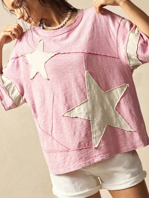 Bohemela Plus Size Summer Casual Colorblock Star Applique T-Shirt Vacation Bussines Pastel Pink