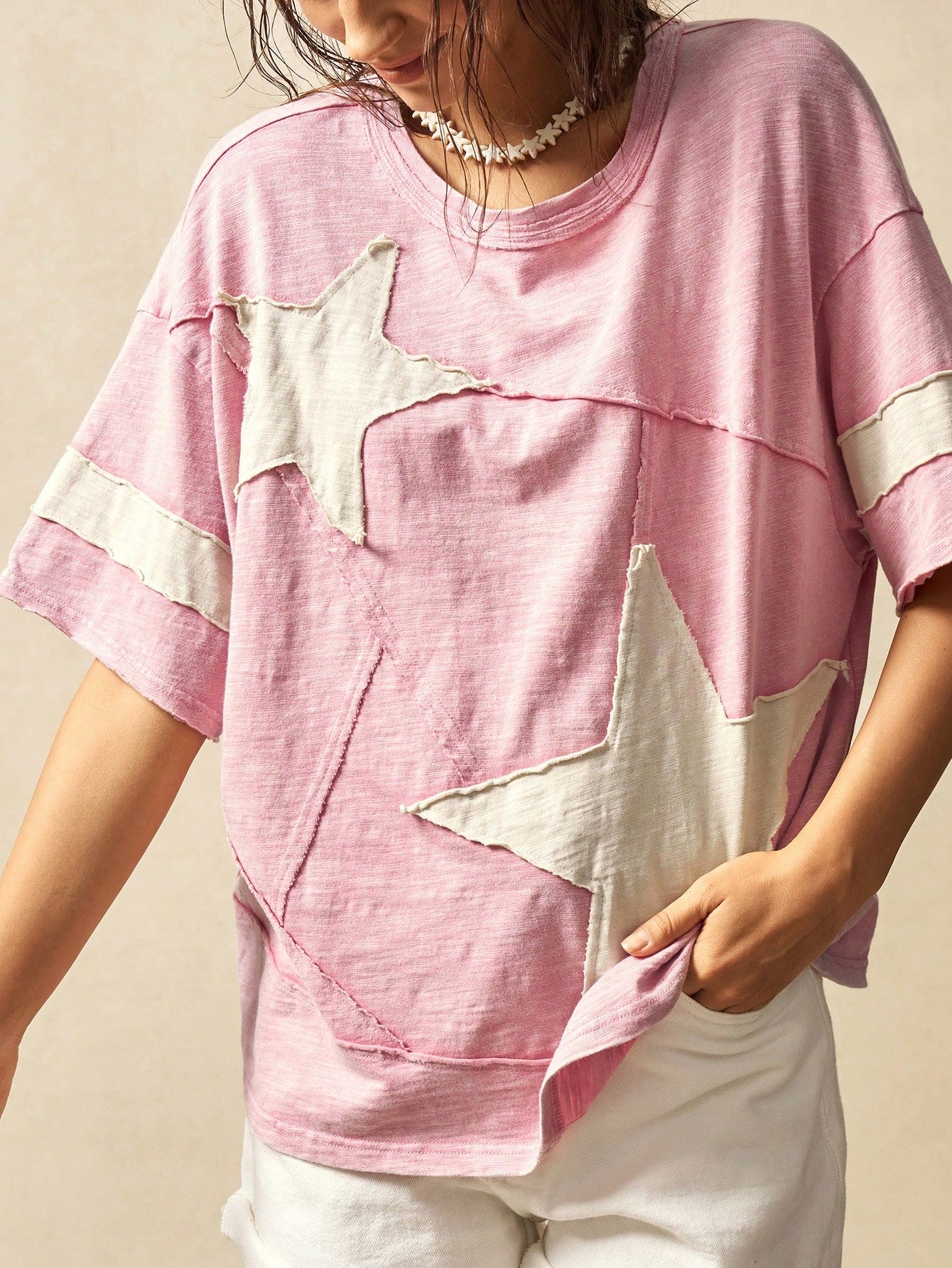 Bohemela Plus Size Summer Casual Colorblock Star Applique T-Shirt Vacation Bussines Pastel Pink