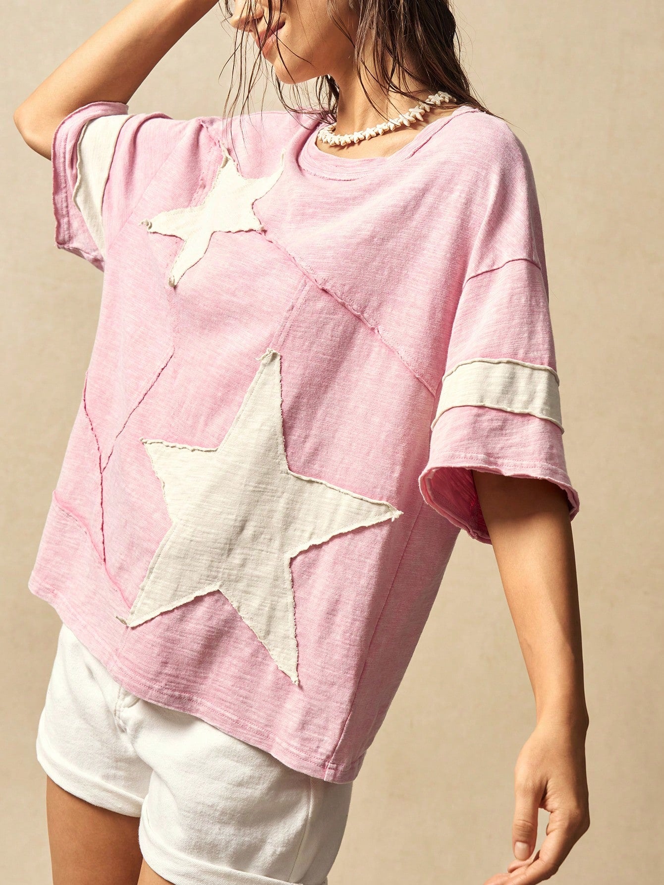 Bohemela Plus Size Summer Casual Colorblock Star Applique T-Shirt Vacation Bussines Pastel Pink