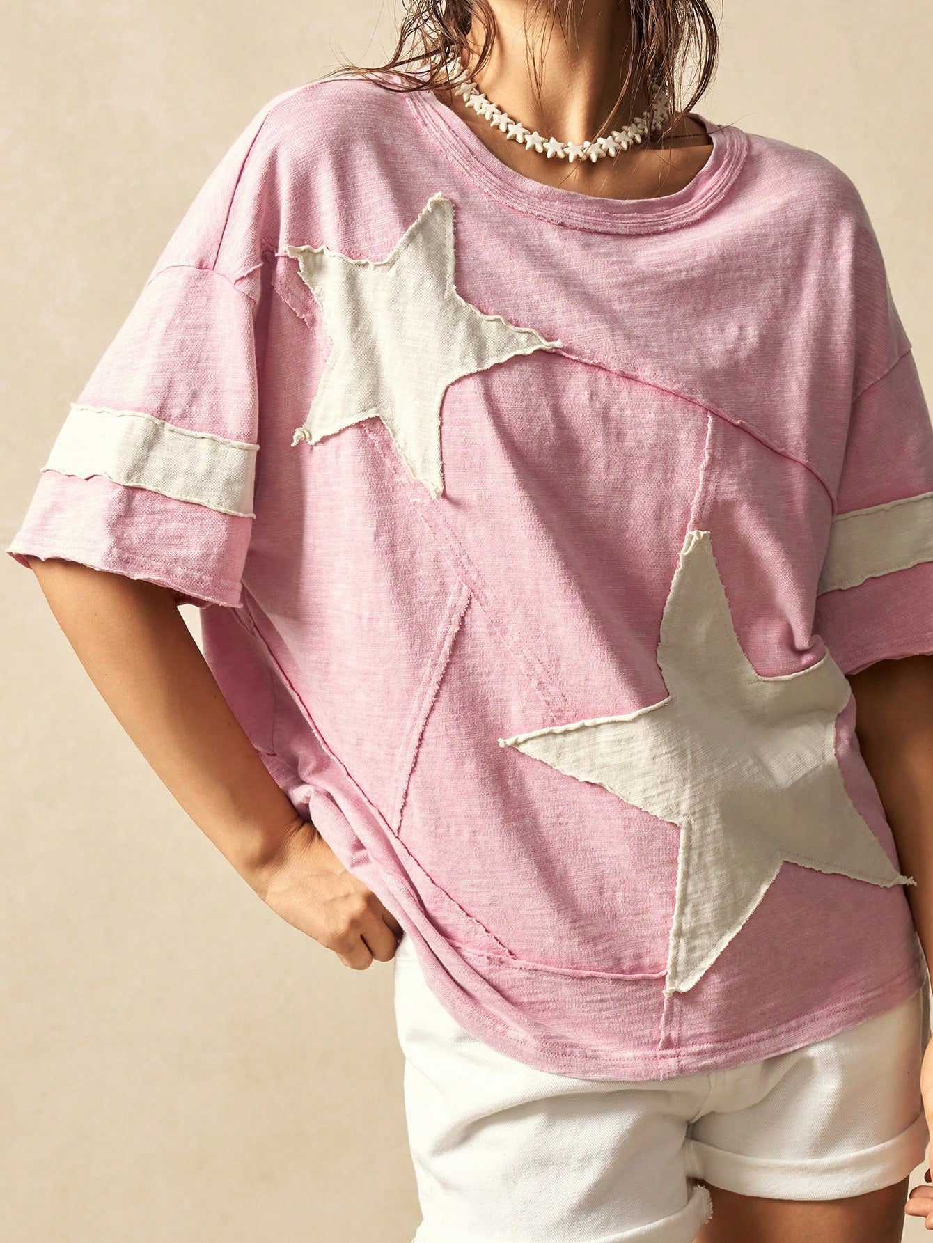 Bohemela Plus Size Summer Casual Colorblock Star Applique T-Shirt Vacation Bussines Pastel Pink