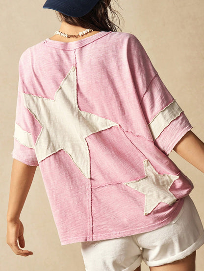 Bohemela Plus Size Summer Casual Colorblock Star Applique T-Shirt Vacation Bussines Pastel Pink