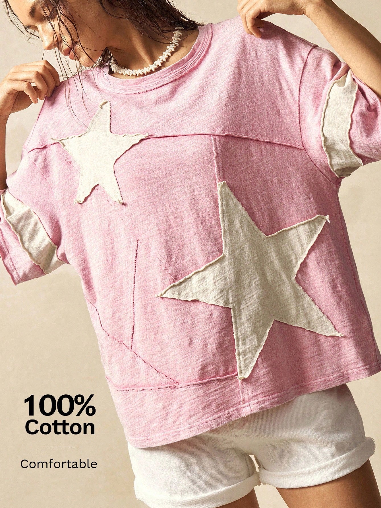 Bohemela Plus Size Summer Casual Colorblock Star Applique T-Shirt Vacation Bussines Pastel Pink