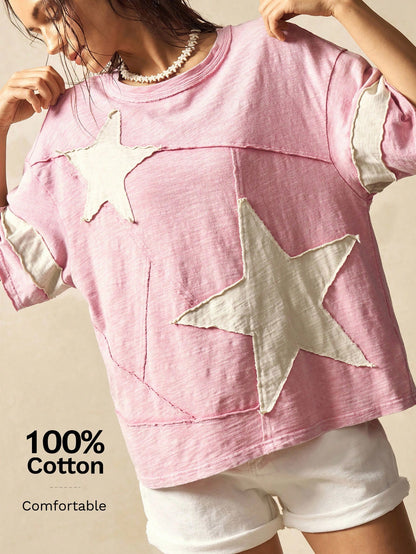 Bohemela Plus Size Summer Casual Colorblock Star Applique T-Shirt Vacation Bussines Pastel Pink