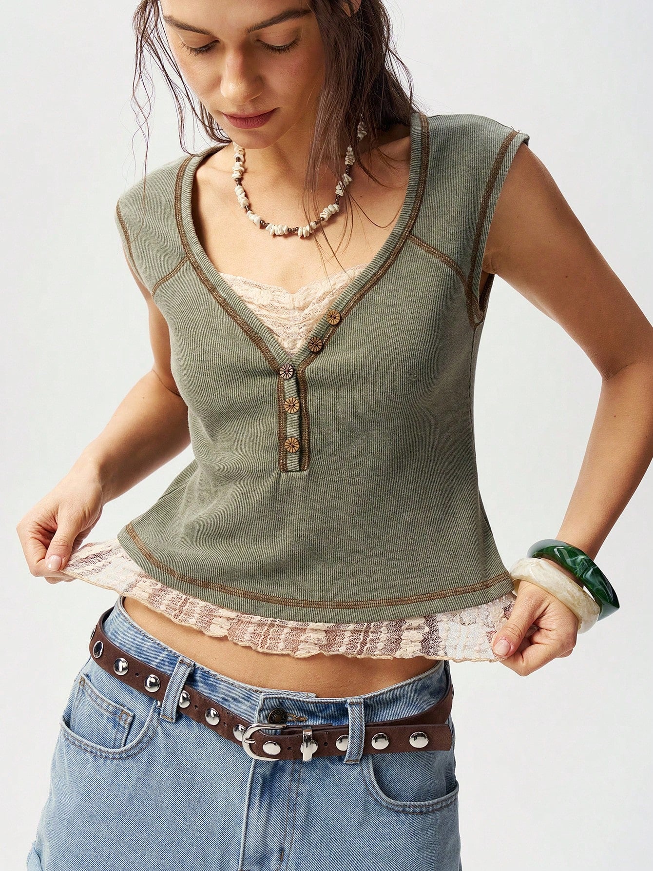 Bohemela Plus Size Summer Casual Contrast Lace Button Detail T-Shirt