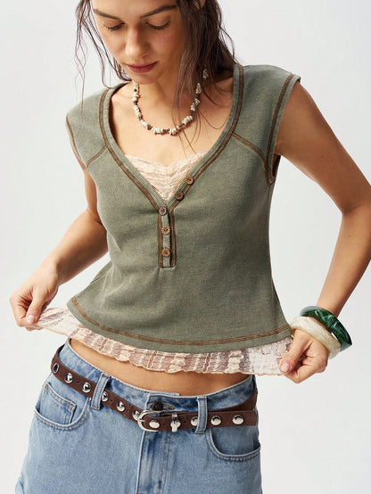 Bohemela Plus Size Summer Casual Contrast Lace Button Detail T-Shirt