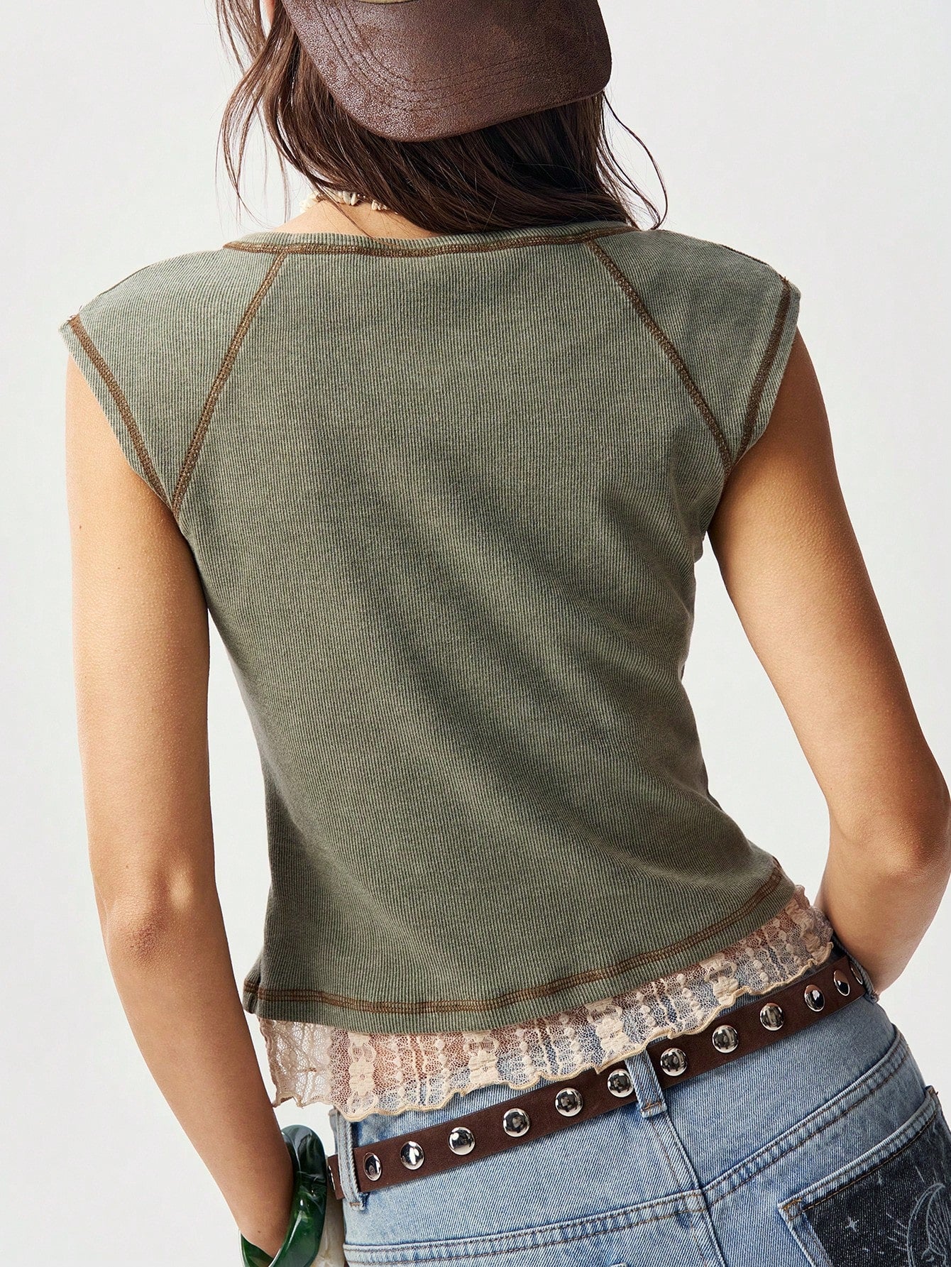 Bohemela Plus Size Summer Casual Contrast Lace Button Detail T-Shirt