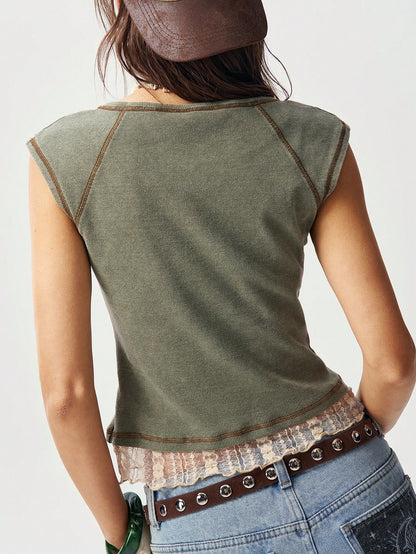 Bohemela Plus Size Summer Casual Contrast Lace Button Detail T-Shirt