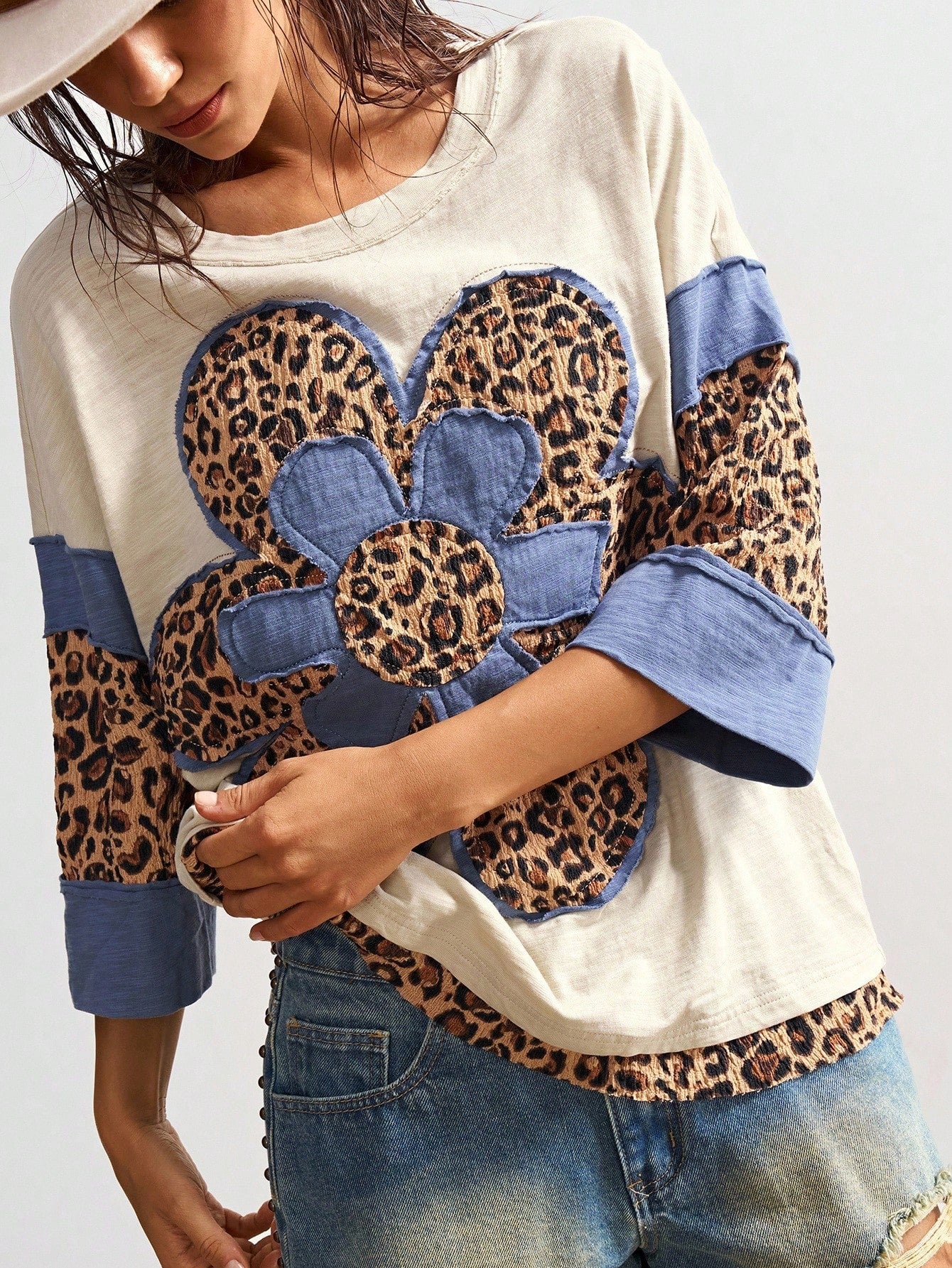 Bohemela Plus Size Women Casual Chic Street Leopard & Floral Print Dropped Shoulder Loose T-Shirt, Spring/Autumn