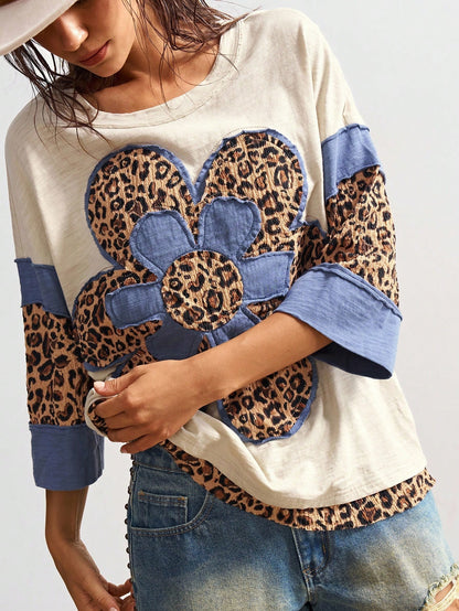 Bohemela Plus Size Women Casual Chic Street Leopard & Floral Print Dropped Shoulder Loose T-Shirt, Spring/Autumn