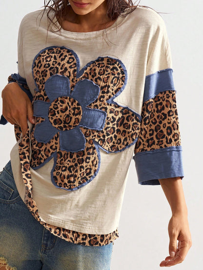 Bohemela Plus Size Women Casual Chic Street Leopard & Floral Print Dropped Shoulder Loose T-Shirt, Spring/Autumn