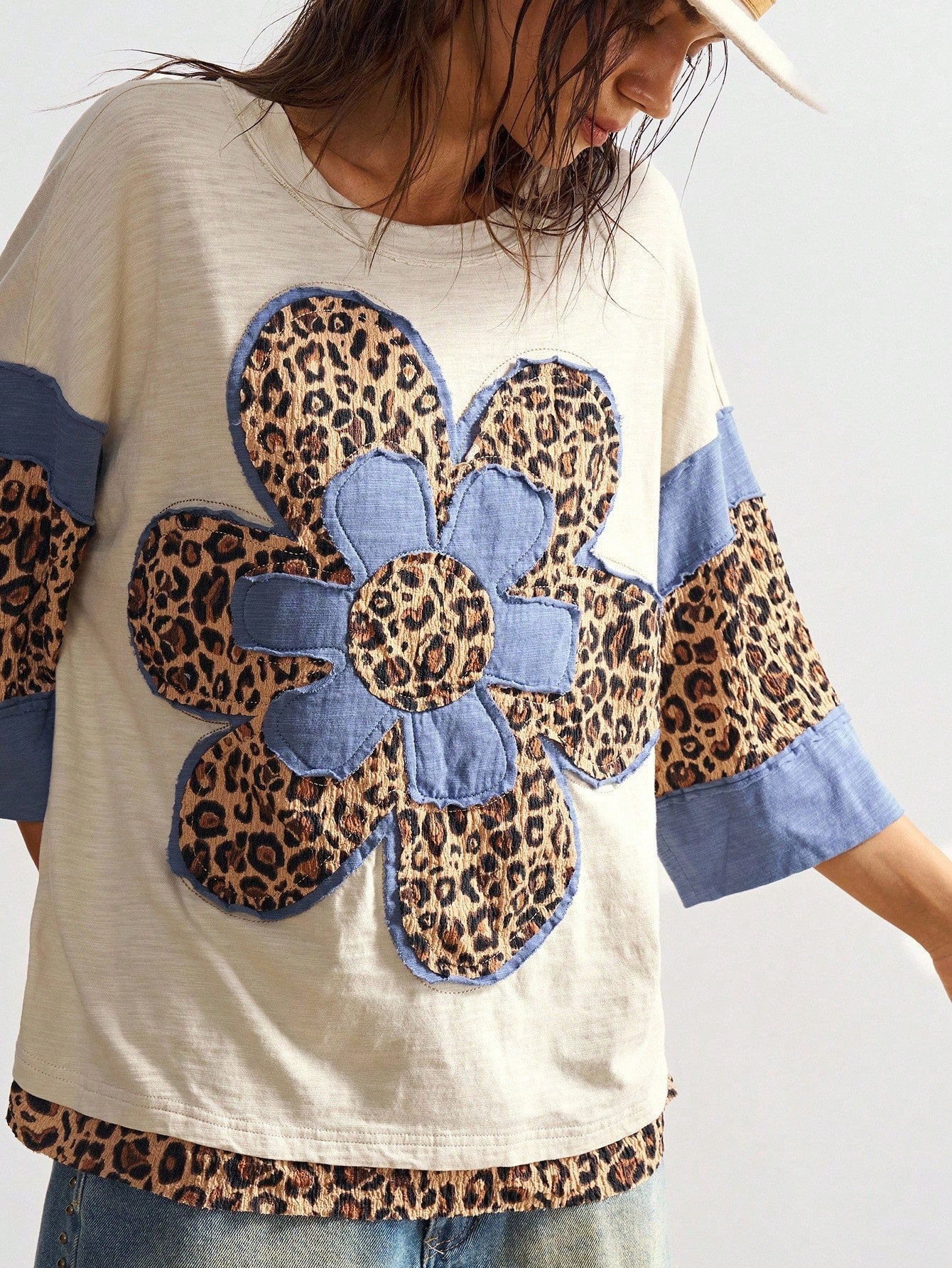 Bohemela Plus Size Women Casual Chic Street Leopard & Floral Print Dropped Shoulder Loose T-Shirt, Spring/Autumn