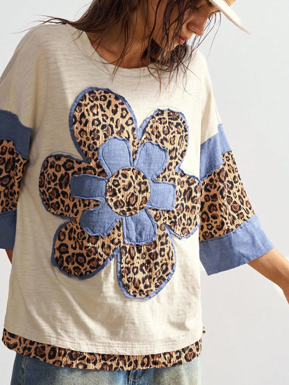 Bohemela Plus Size Women Casual Chic Street Leopard & Floral Print Dropped Shoulder Loose T-Shirt, Spring/Autumn