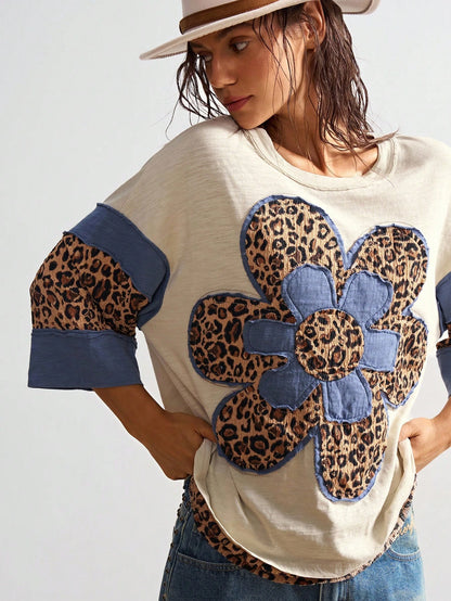 Bohemela Plus Size Women Casual Chic Street Leopard & Floral Print Dropped Shoulder Loose T-Shirt, Spring/Autumn