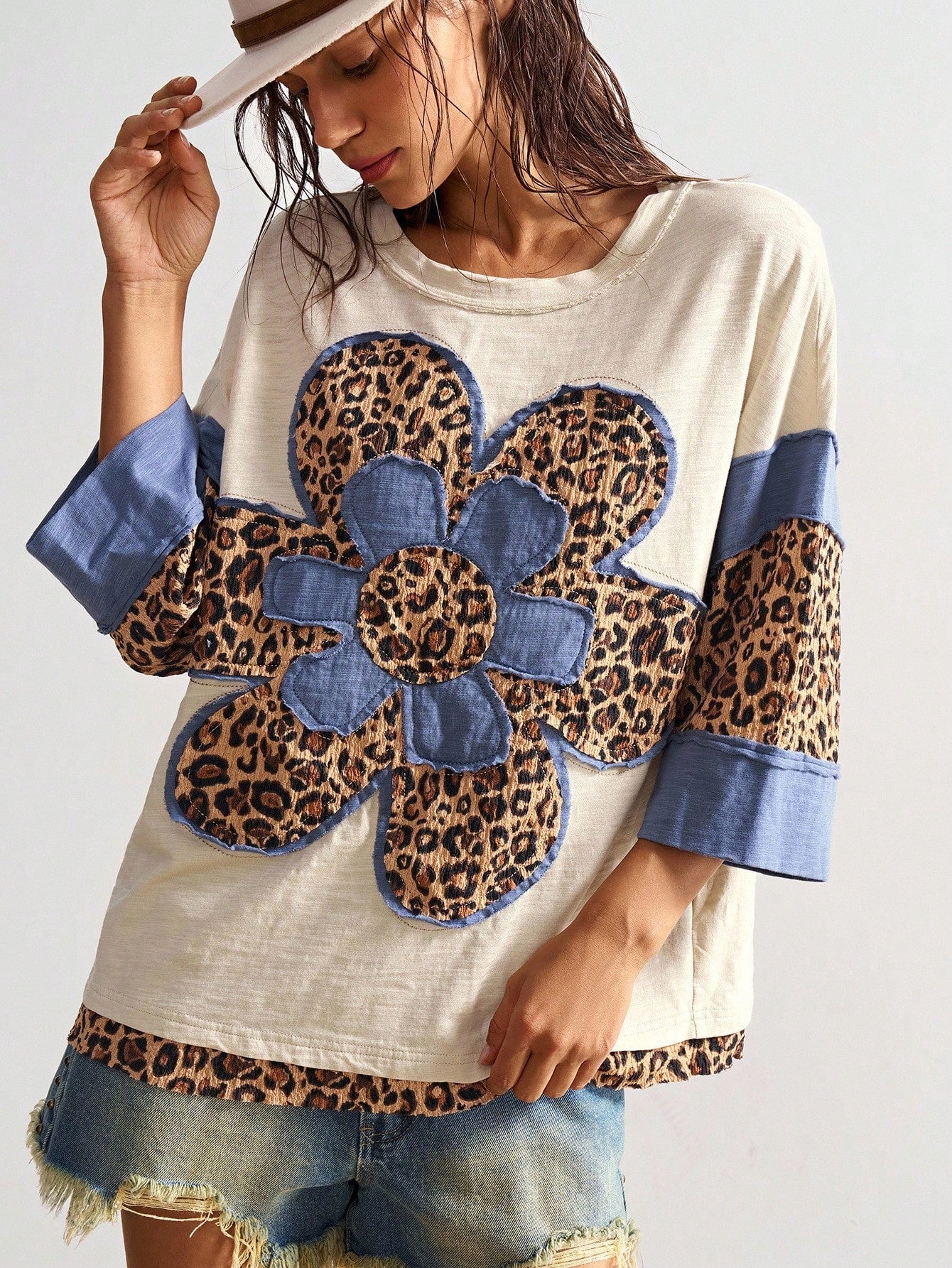 Bohemela Plus Size Women Casual Chic Street Leopard & Floral Print Dropped Shoulder Loose T-Shirt, Spring/Autumn