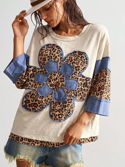 Bohemela Plus Size Women Casual Chic Street Leopard & Floral Print Dropped Shoulder Loose T-Shirt, Spring/Autumn
