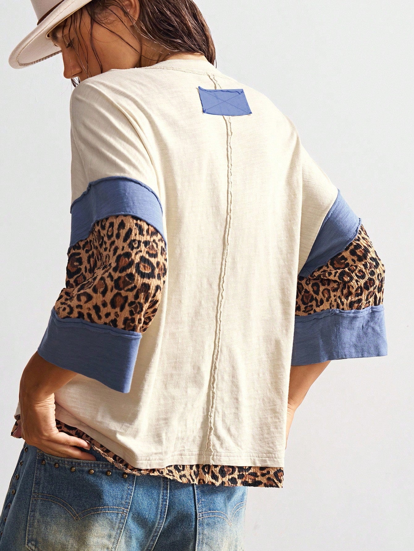 Bohemela Plus Size Women Casual Chic Street Leopard & Floral Print Dropped Shoulder Loose T-Shirt, Spring/Autumn