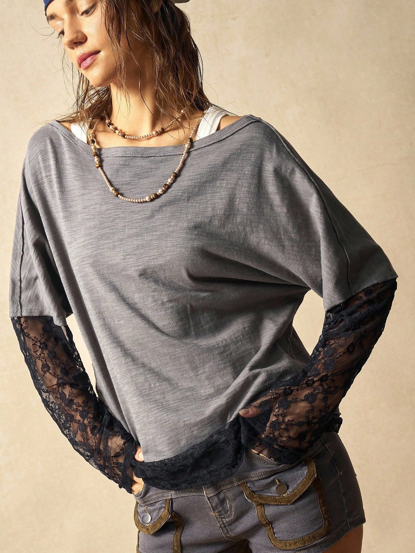 Bohemela Plus Size Women Contrast Lace Loose Casual T-Shirt Fall