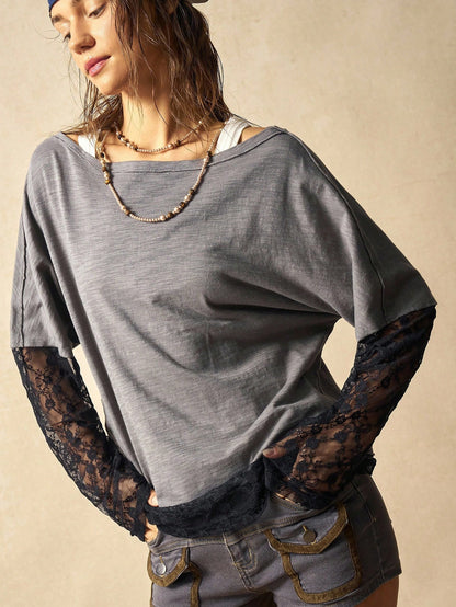 Bohemela Plus Size Women Contrast Lace Loose Casual T-Shirt Fall
