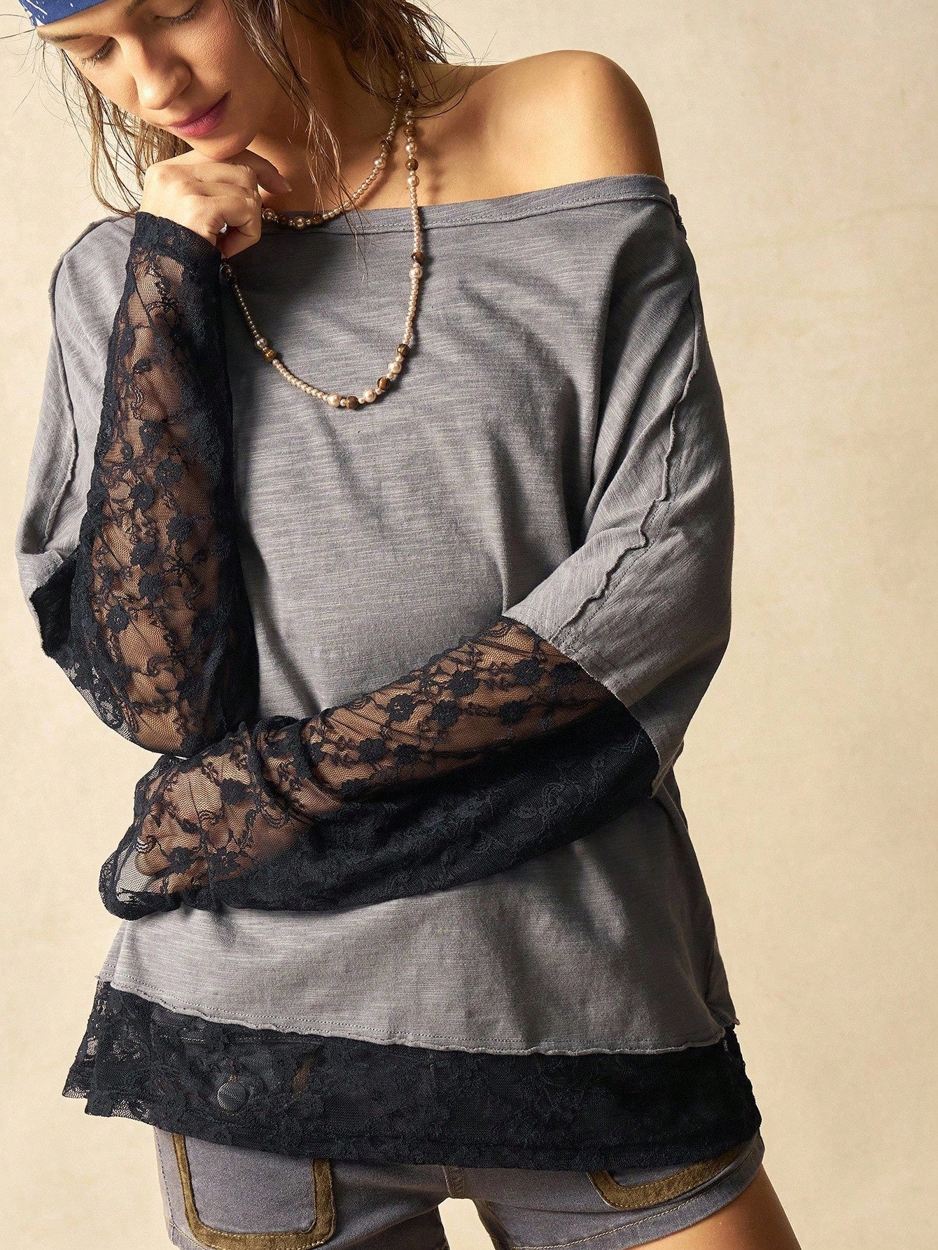 Bohemela Plus Size Women Contrast Lace Loose Casual T-Shirt Fall
