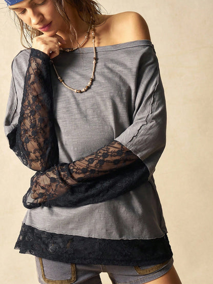 Bohemela Plus Size Women Contrast Lace Loose Casual T-Shirt Fall