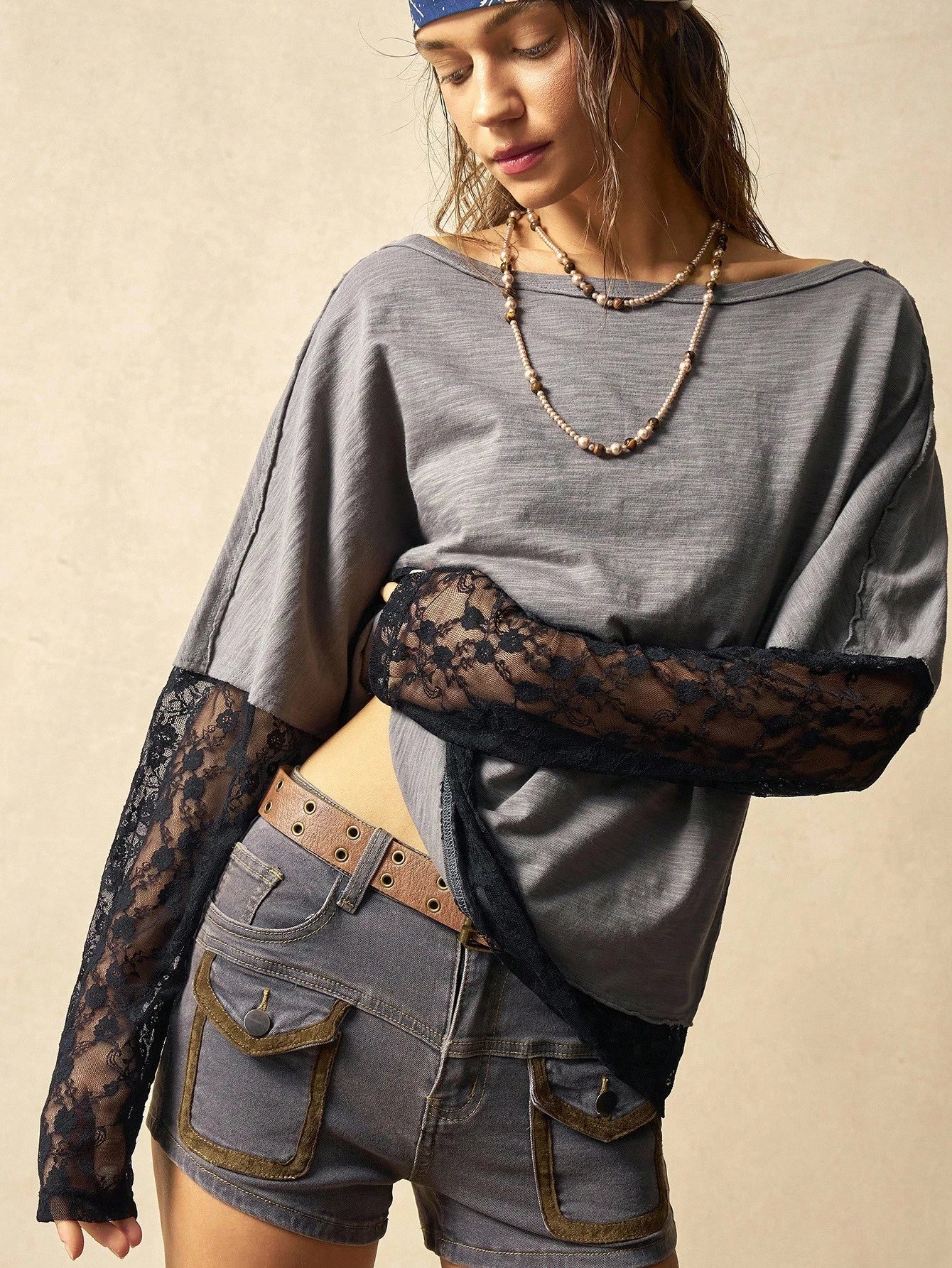 Bohemela Plus Size Women Contrast Lace Loose Casual T-Shirt Fall