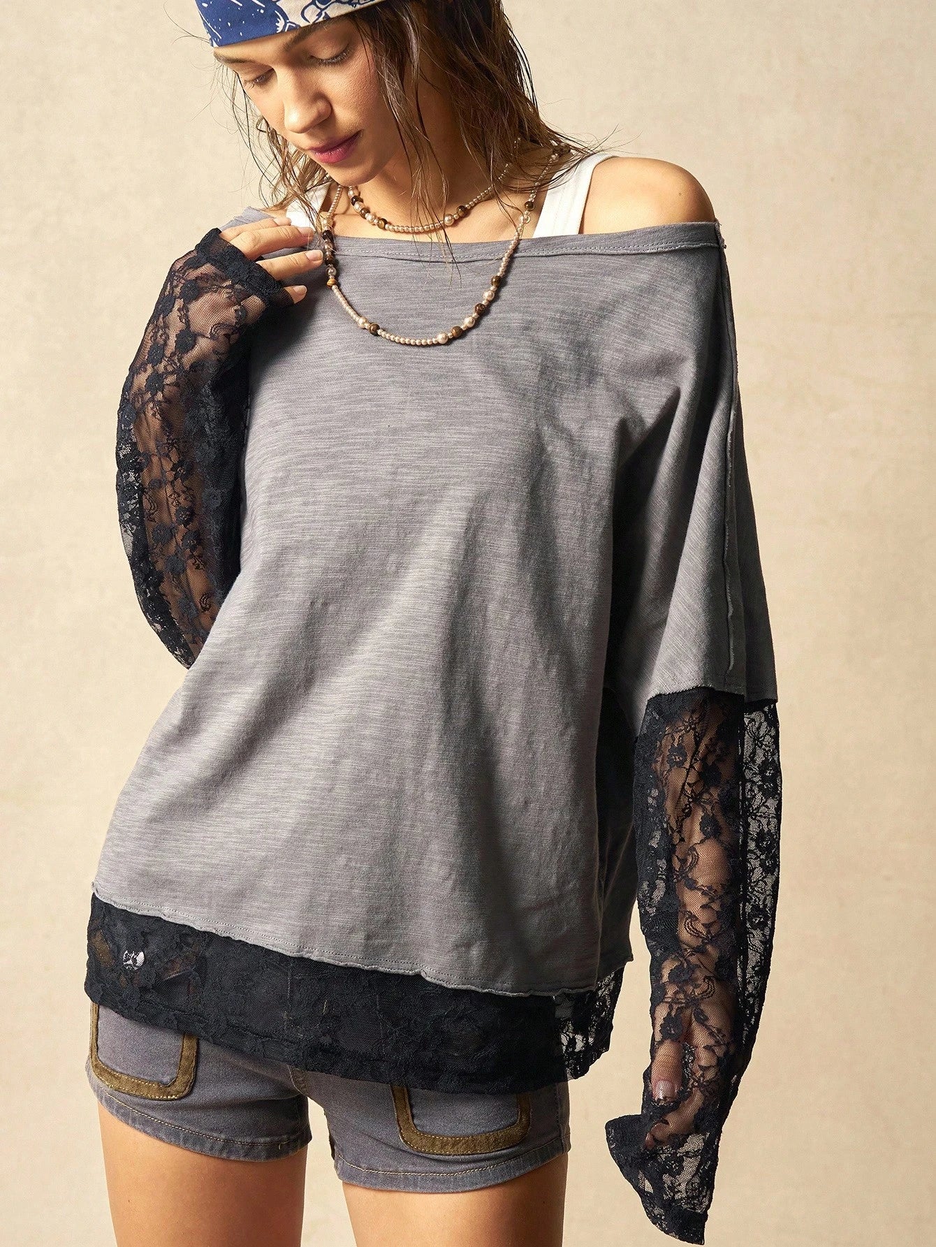Bohemela Plus Size Women Contrast Lace Loose Casual T-Shirt Fall