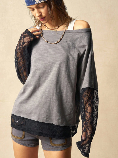 Bohemela Plus Size Women Contrast Lace Loose Casual T-Shirt Fall