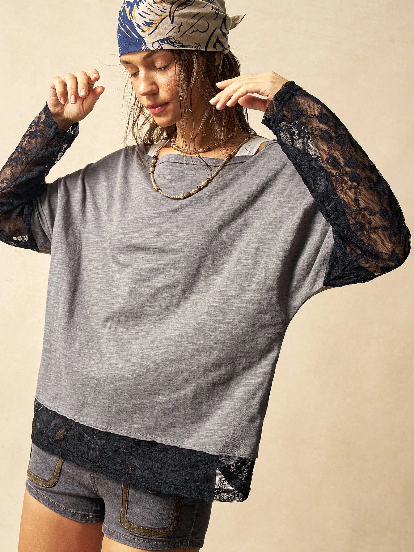 Bohemela Plus Size Women Contrast Lace Loose Casual T-Shirt Fall
