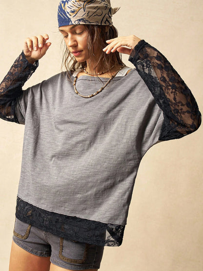 Bohemela Plus Size Women Contrast Lace Loose Casual T-Shirt Fall