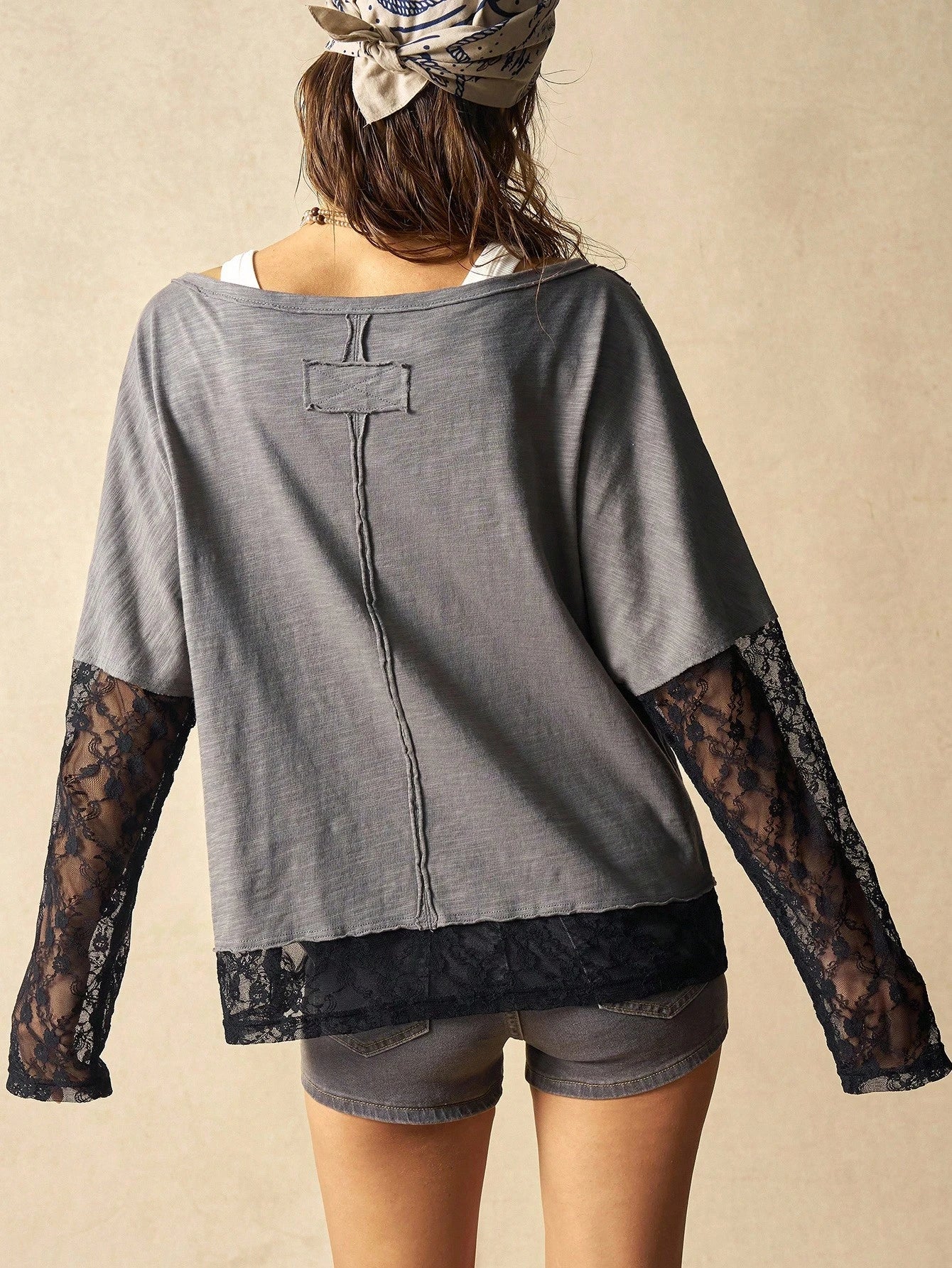 Bohemela Plus Size Women Contrast Lace Loose Casual T-Shirt Fall