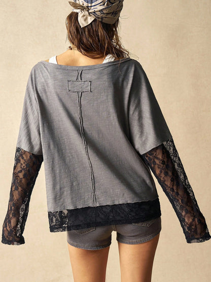 Bohemela Plus Size Women Contrast Lace Loose Casual T-Shirt Fall