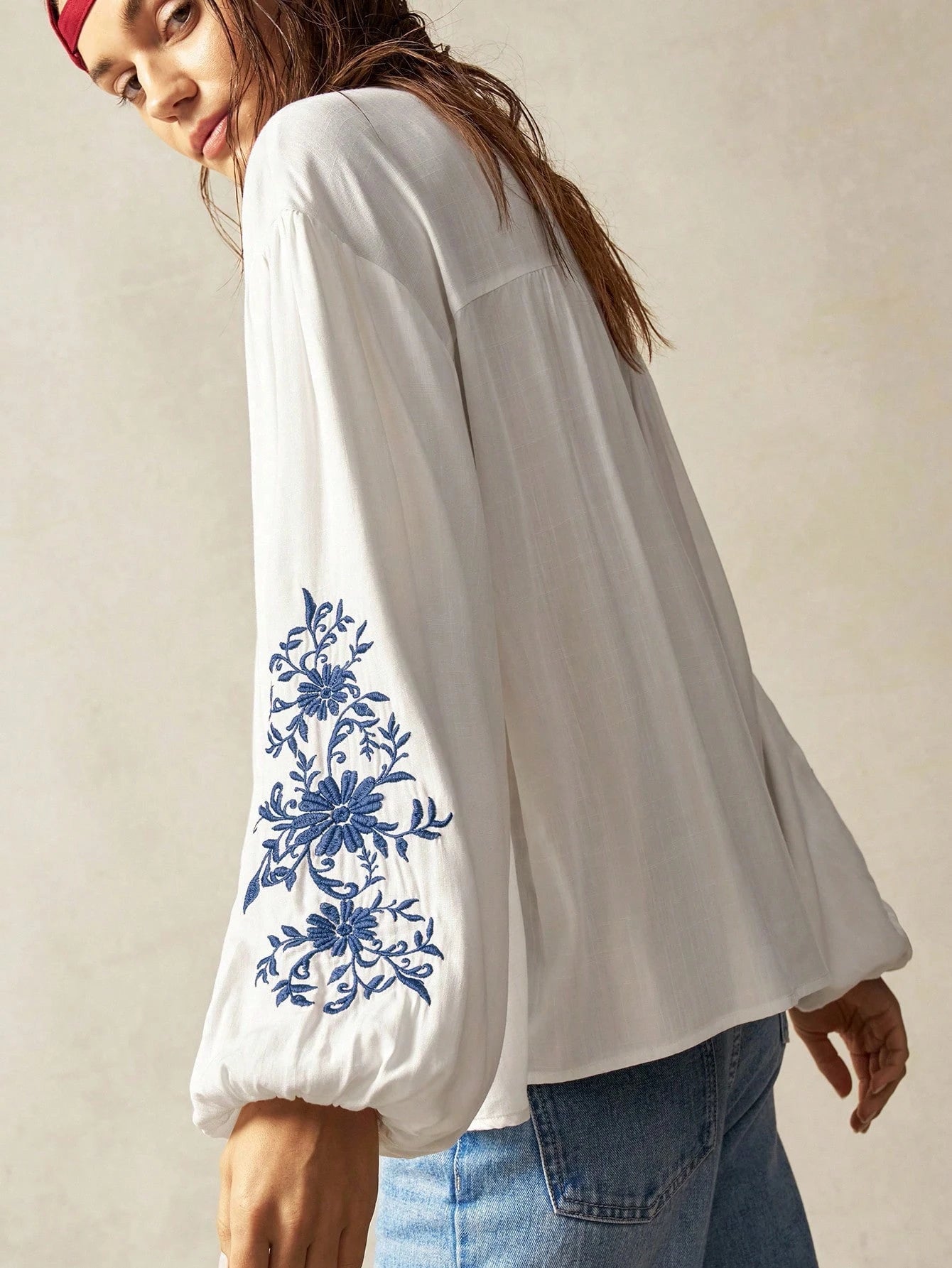 Bohemela Plus Size Women Floral Embroidery Drop Shoulder Long Sleeve Loose Shirt Boho Tops For White Top Blouses Peasant Blouse Embroidered Top,Fall Clothes